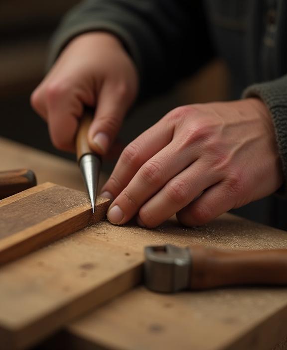 Primo piano di un artigiano che lavora finemente un pezzo di legno di noce.